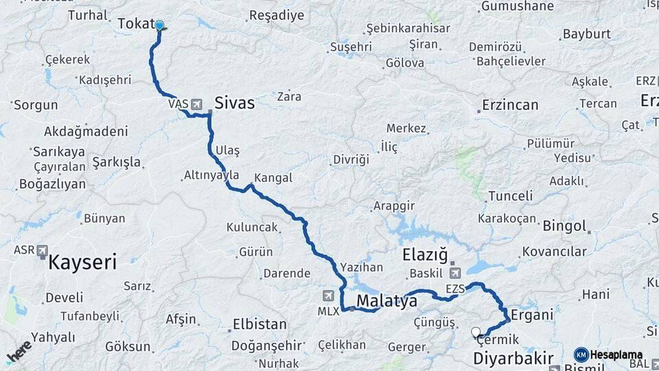 Tokat Çermik Diyarbakır Arası Kaç Km - Yol Haritası