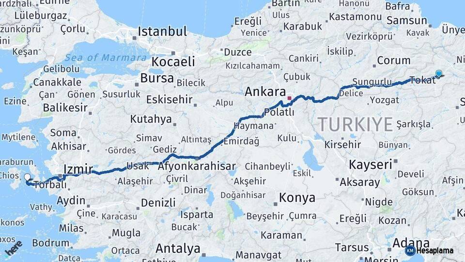 Tokat Çeşme İzmir Arası Kaç Km - Yol Haritası