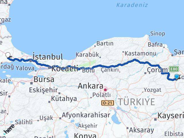 Tokat Çorlu Tekirdağ Arası Kaç Km - Yol Haritası