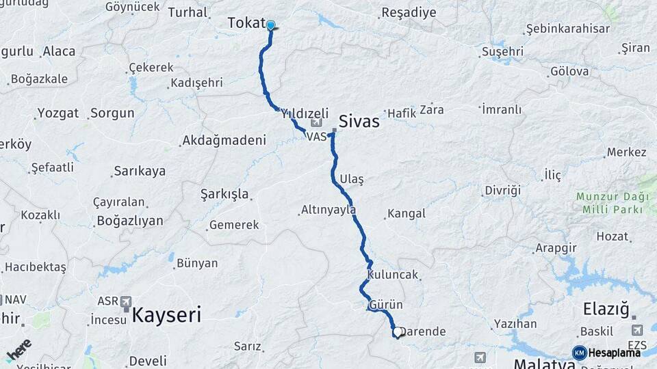 Tokat Darende Malatya Arası Kaç Km - Yol Haritası