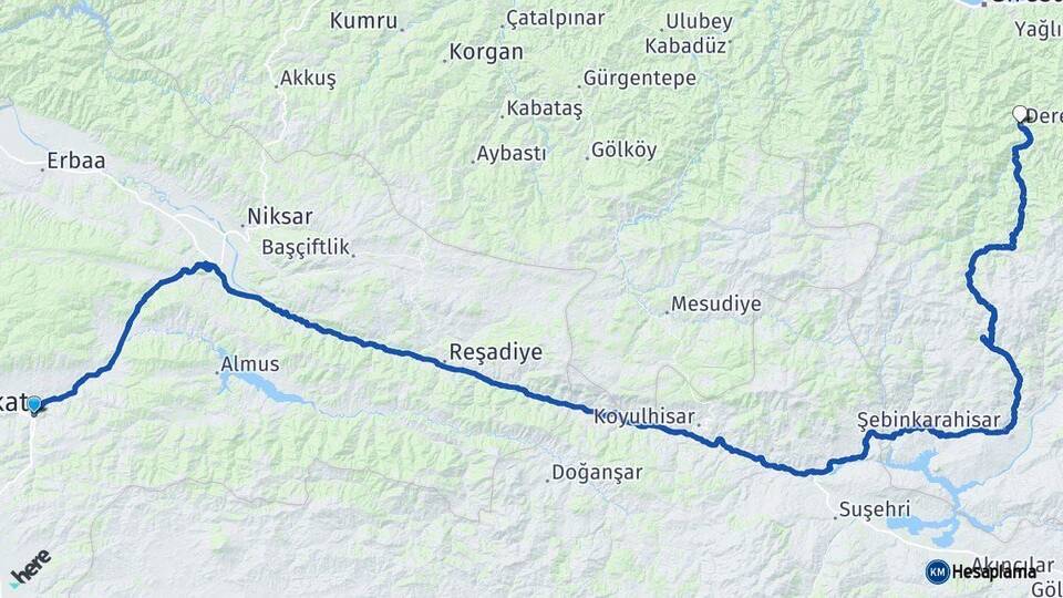 Tokat Dereli Giresun Arası Kaç Km - Yol Haritası