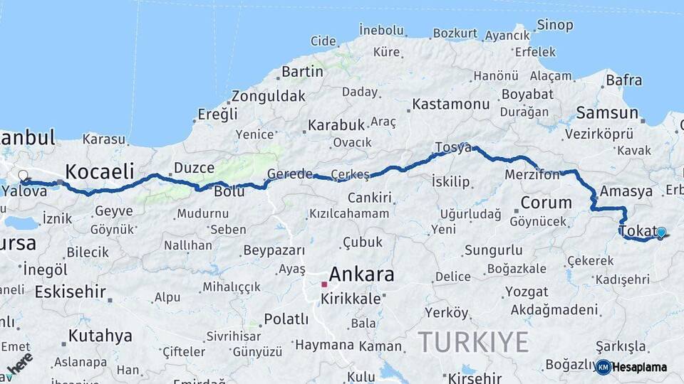 Tokat Dilovası Kocaeli Arası Kaç Km - Yol Haritası