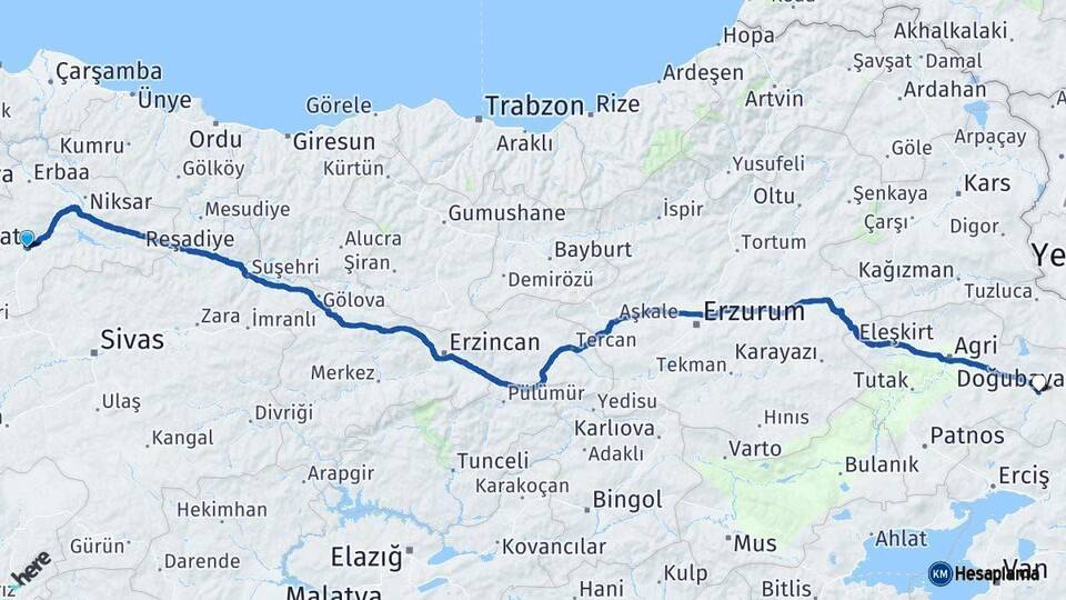 Tokat Diyadin Ağrı Arası Kaç Km - Yol Haritası
