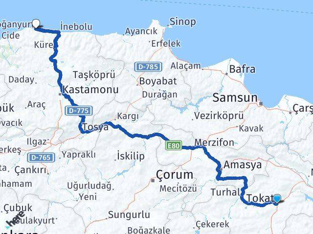 Tokat Doğanyurt Kastamonu Arası Kaç Km - Yol Haritası