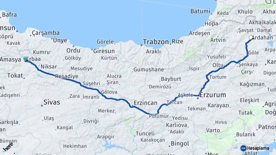 Tokat Erbaa Ardahan Arası Kaç Km - Yol Haritası