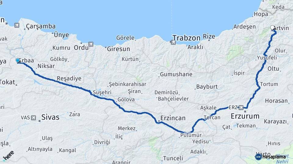 Tokat Erbaa Artvin Arası Kaç Km - Yol Haritası