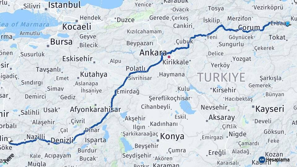 Tokat Erbaa Aydın Arası Kaç Km - Yol Haritası