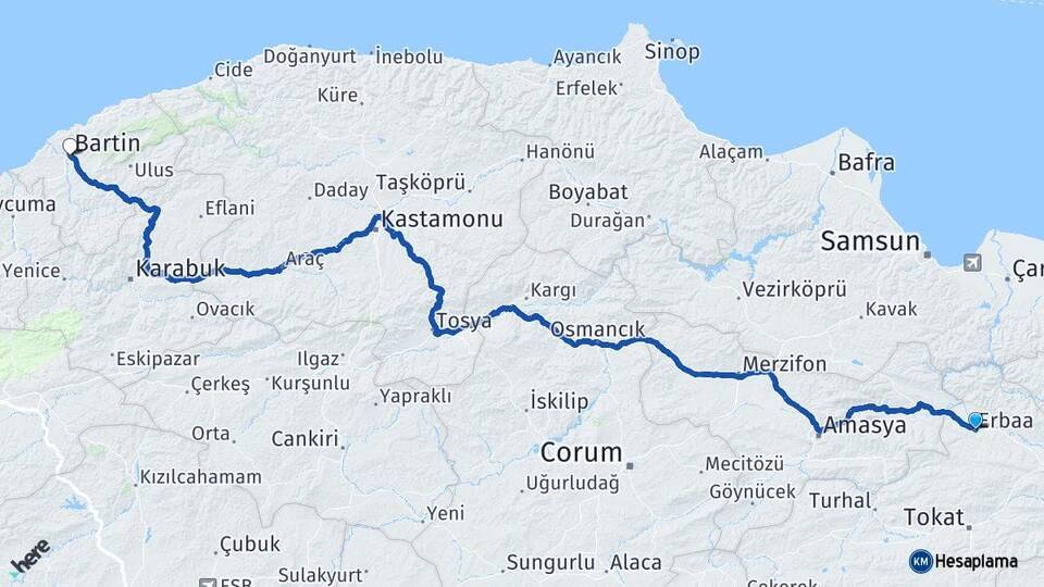 Tokat Erbaa Bartın Arası Kaç Km - Yol Haritası