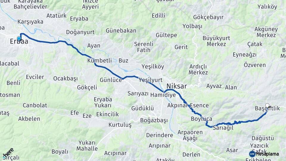Tokat Erbaa Başçiftlik Arası Kaç Km - Yol Haritası