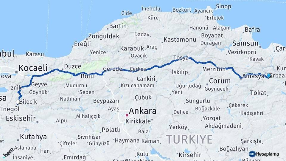 Tokat Erbaa Bilecik Arası Kaç Km - Yol Haritası
