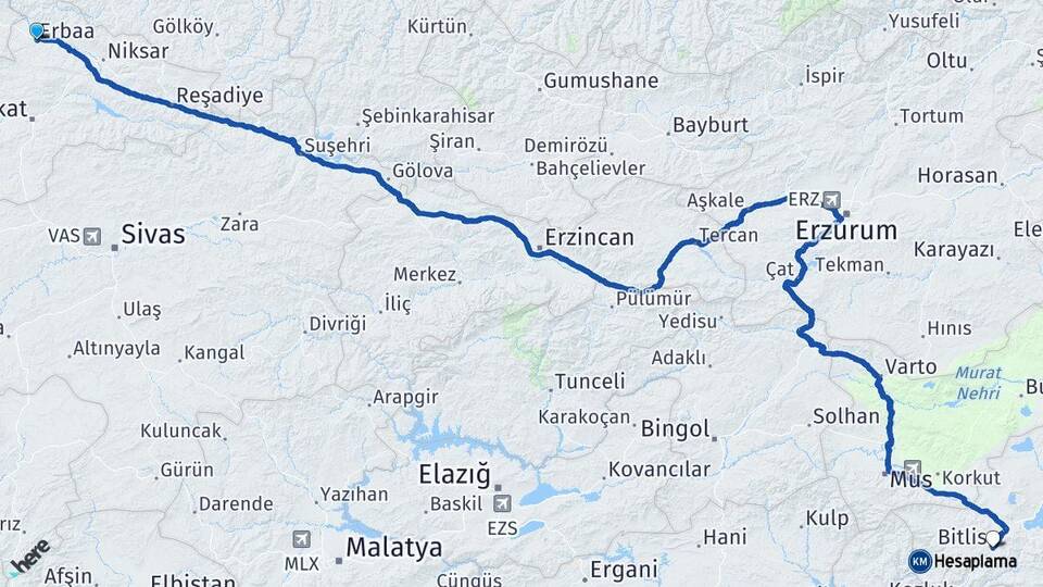 Tokat Erbaa Bitlis Arası Kaç Km - Yol Haritası