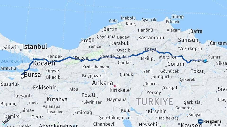 Tokat Erbaa Bursa Arası Kaç Km - Yol Haritası