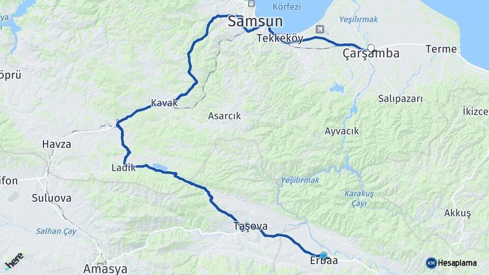 Tokat Erbaa Çarşamba Samsun Arası Kaç Km - Yol Haritası