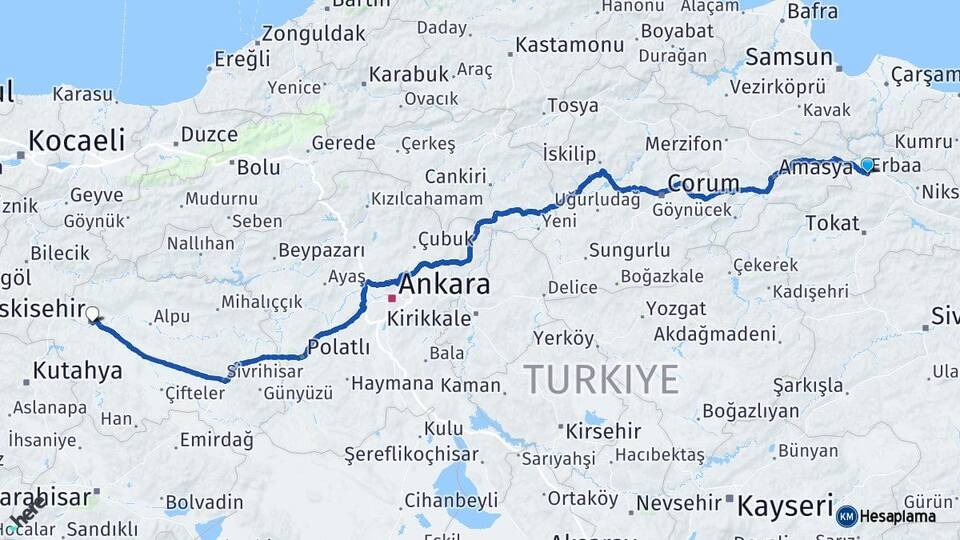 Tokat Erbaa Eskişehir Arası Kaç Km - Yol Haritası