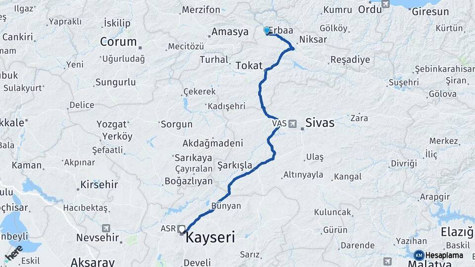 Tokat Erbaa Kayseri Arası Kaç Km - Yol Haritası