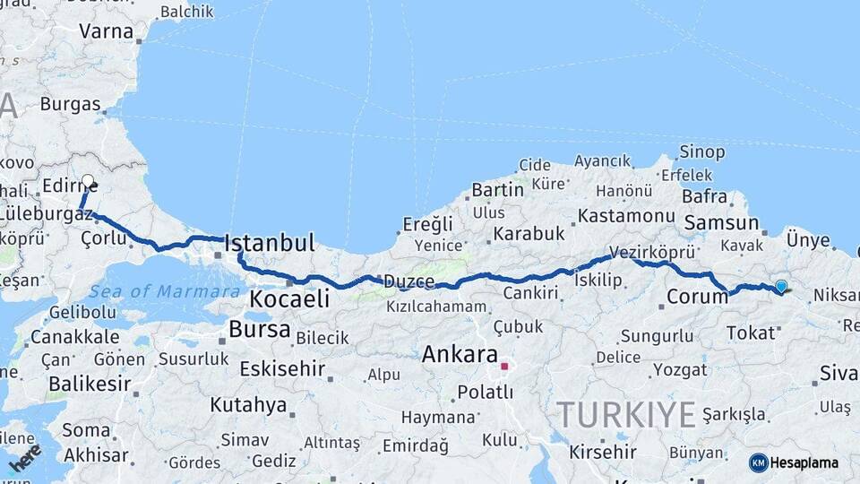 Tokat Erbaa Kırklareli Arası Kaç Km - Yol Haritası