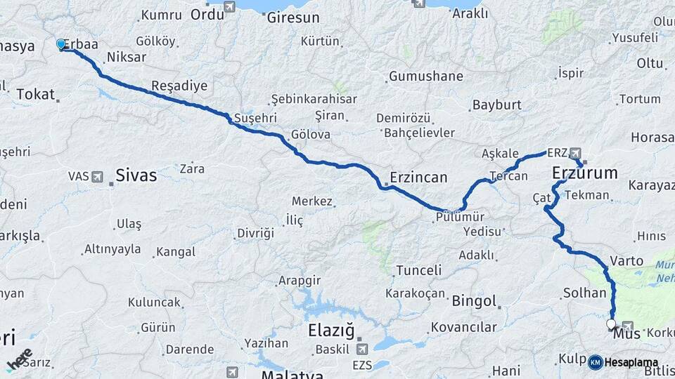 Tokat Erbaa Muş Arası Kaç Km - Yol Haritası