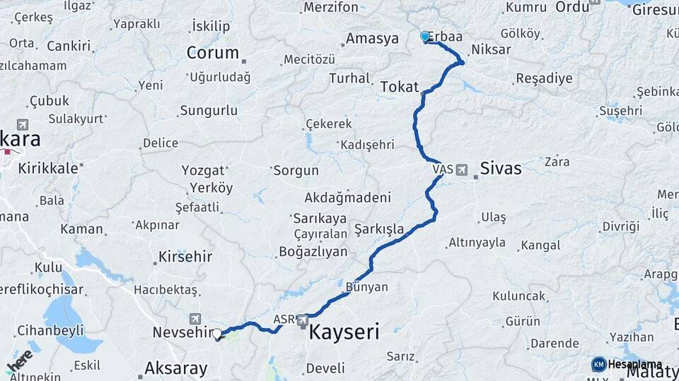 Tokat Erbaa Nevşehir Arası Kaç Km - Yol Haritası