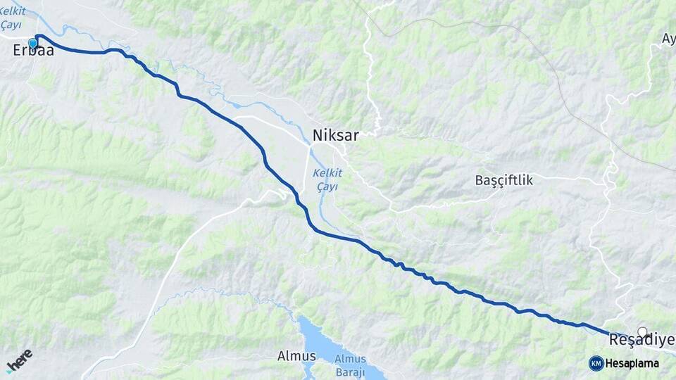 Tokat Erbaa Reşadiye Arası Kaç Km - Yol Haritası