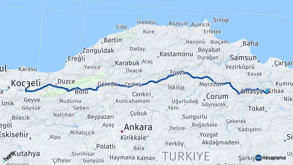 Tokat Erbaa Sakarya Arası Kaç Km - Yol Haritası
