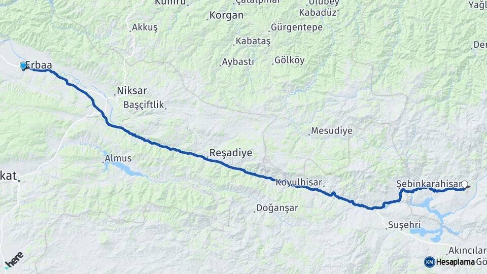 Tokat Erbaa Şebinkarahisar Giresun Arası Kaç Km - Yol Haritası