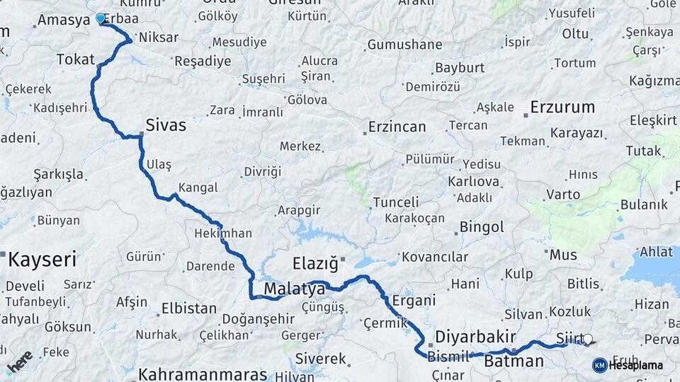 Tokat Erbaa Siirt Arası Kaç Km - Yol Haritası