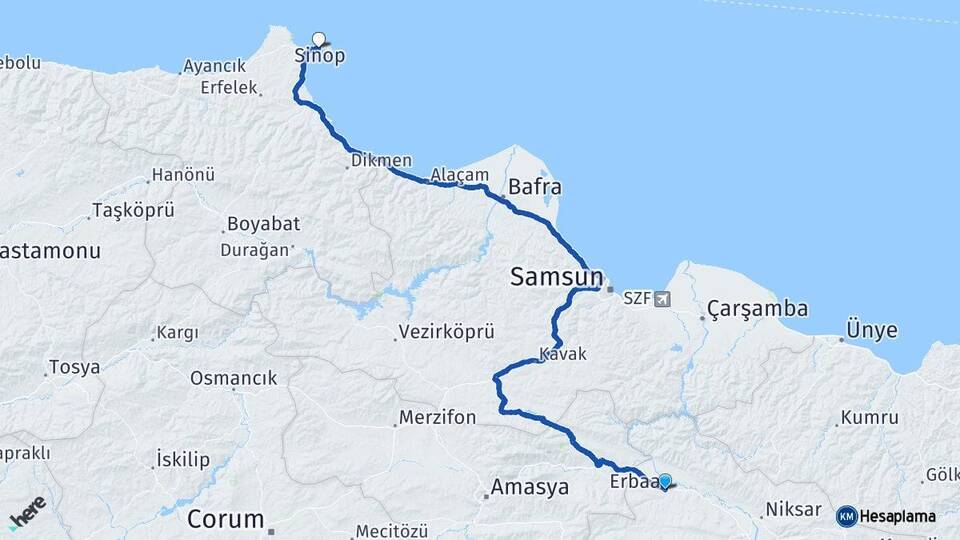Tokat Erbaa Sinop Arası Kaç Km - Yol Haritası