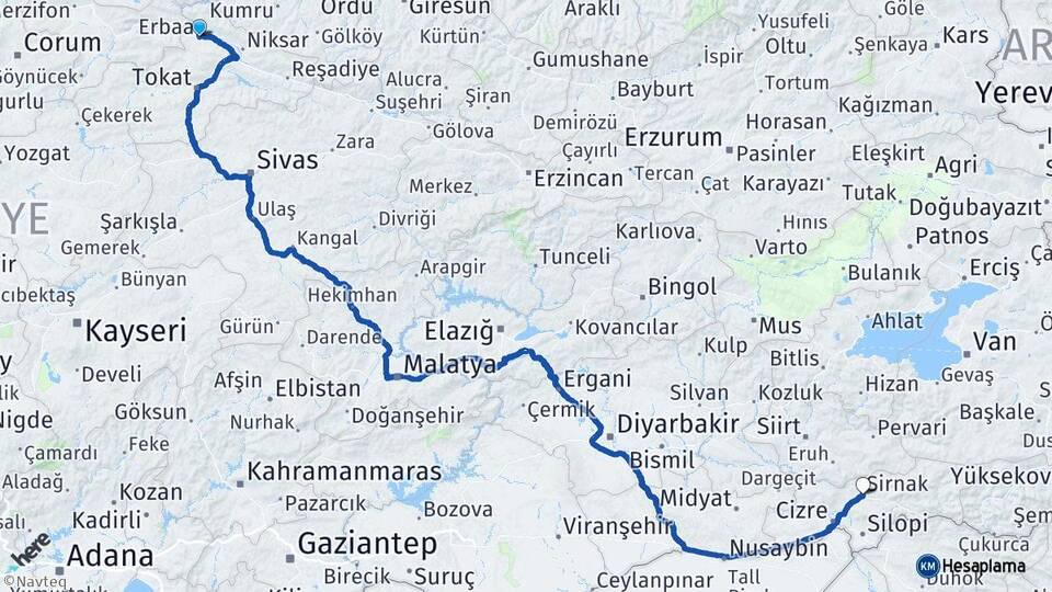 Tokat Erbaa Şırnak Arası Kaç Km - Yol Haritası