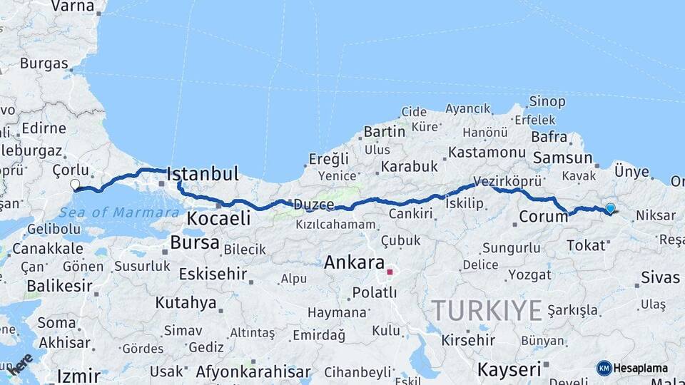 Tokat Erbaa Tekirdağ Arası Kaç Km - Yol Haritası