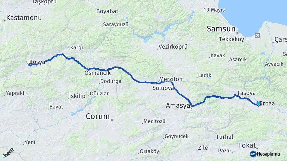 Tokat Erbaa Tosya Kastamonu Arası Kaç Km - Yol Haritası