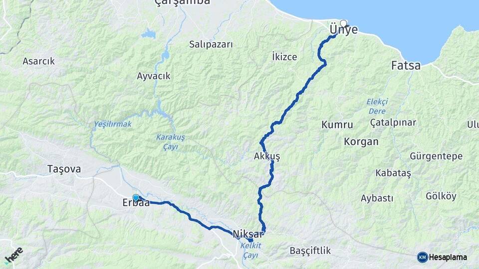Tokat Erbaa Ünye Ordu Arası Kaç Km - Yol Haritası