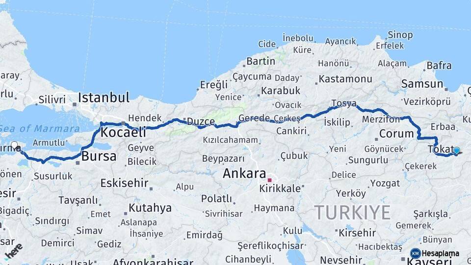 Tokat Erdek Balıkesir Arası Kaç Km - Yol Haritası