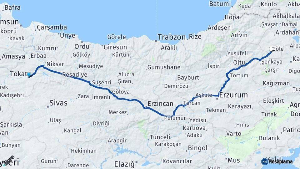 Tokat Göle Ardahan Arası Kaç Km - Yol Haritası