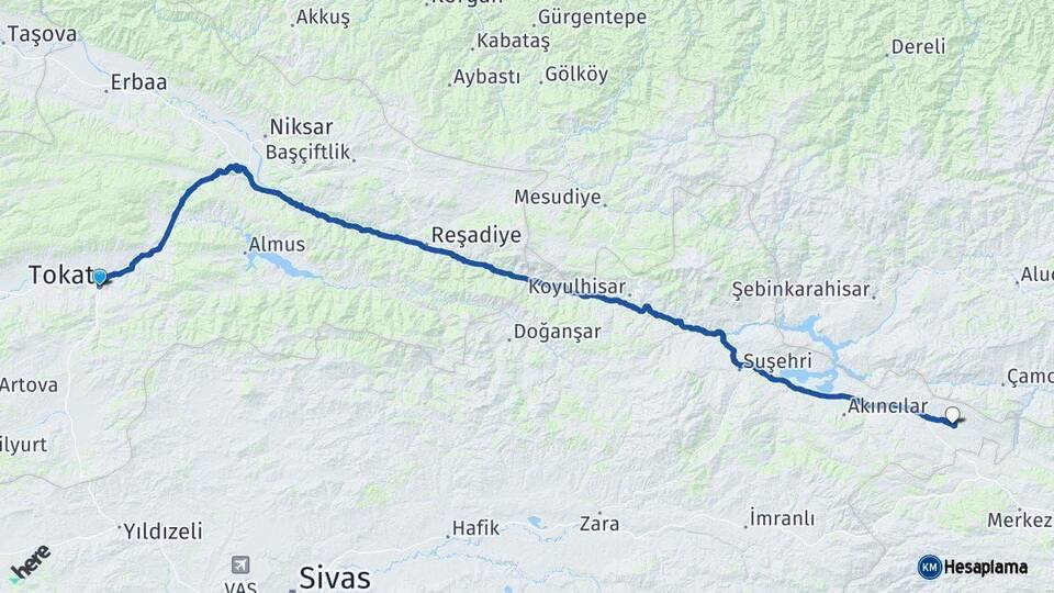 Tokat Gölova Sivas Arası Kaç Km - Yol Haritası