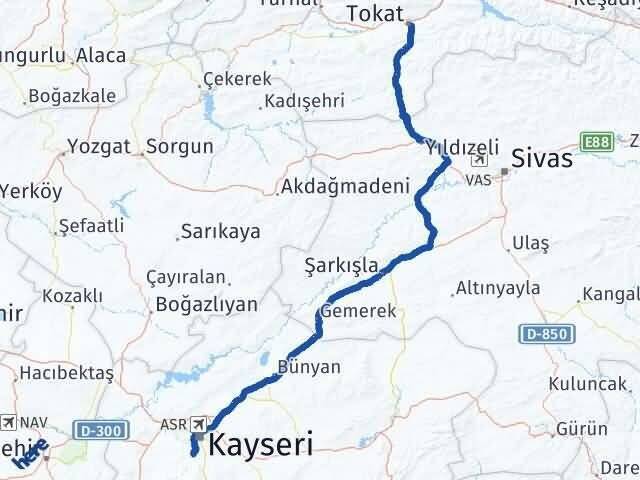 Tokat Hacılar Kayseri Arası Kaç Km - Yol Haritası