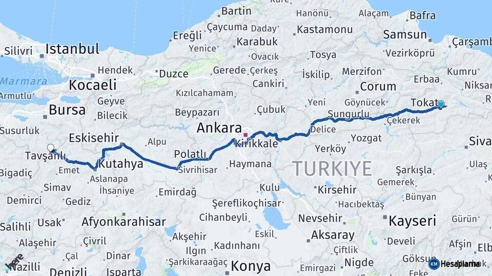 Tokat Harmancık Bursa Arası Kaç Km - Yol Haritası