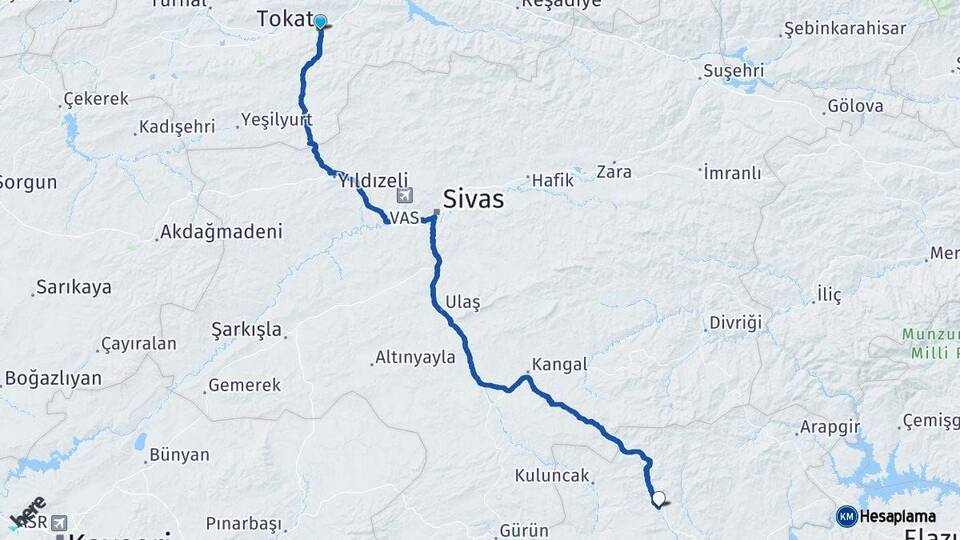 Tokat Hekimhan Malatya Arası Kaç Km - Yol Haritası