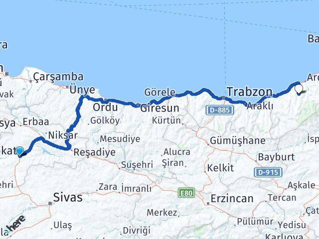 Tokat Hemşin Rize Arası Kaç Km - Yol Haritası