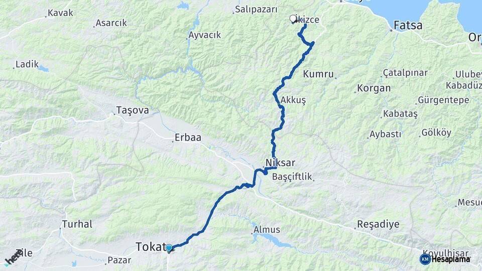 Tokat İkizce Ordu Arası Kaç Km - Yol Haritası