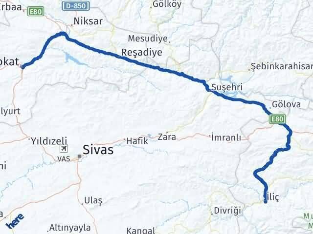 Tokat İliç Erzincan Arası Kaç Km - Yol Haritası