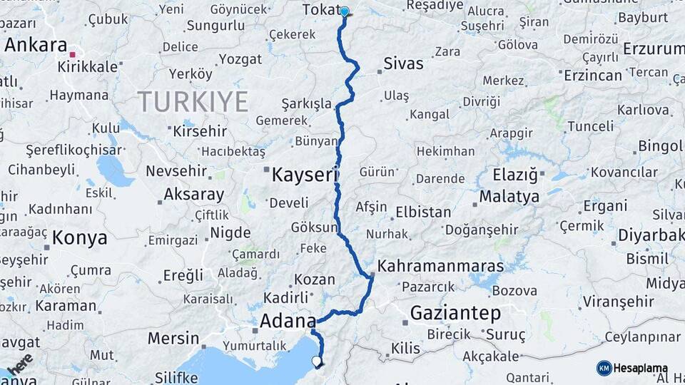 Tokat İskenderun Hatay Arası Kaç Km - Yol Haritası