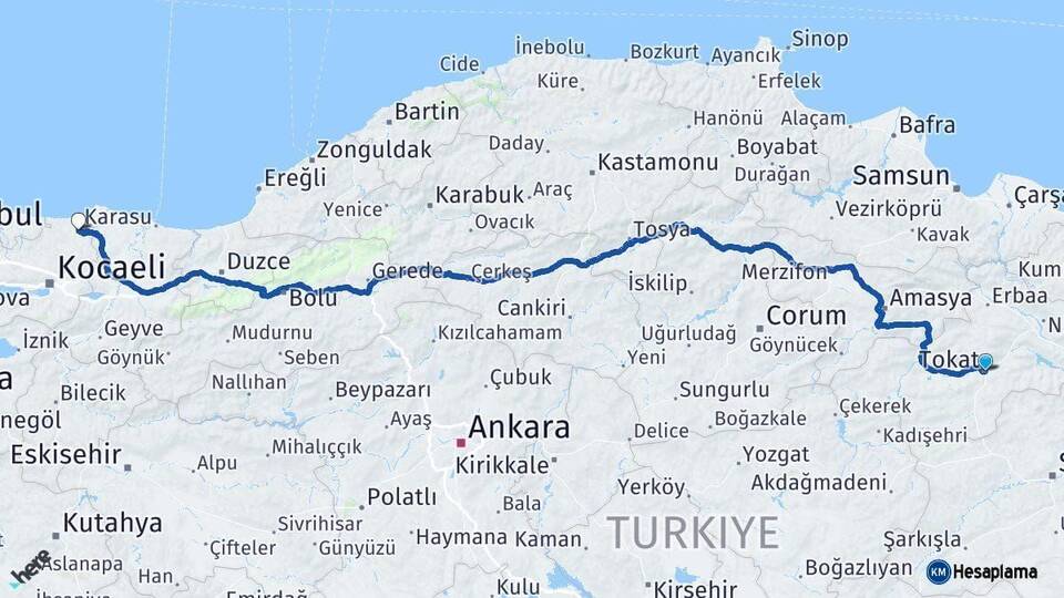 Tokat Kandıra Kocaeli Arası Kaç Km - Yol Haritası