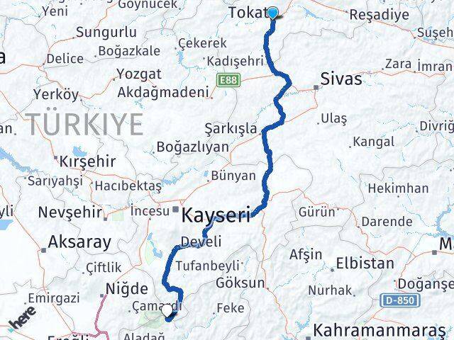 Tokat Kapuzbaşı Yahyalı Kayseri Arası Kaç Km - Yol Haritası