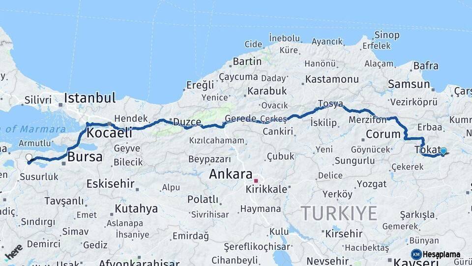 Tokat Karacabey Bursa Arası Kaç Km - Yol Haritası