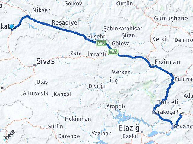 Tokat Karakoçan Elazığ Arası Kaç Km - Yol Haritası