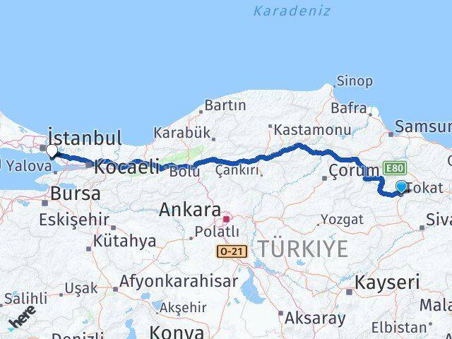 Tokat Kartal İstanbul Arası Kaç Km - Yol Haritası