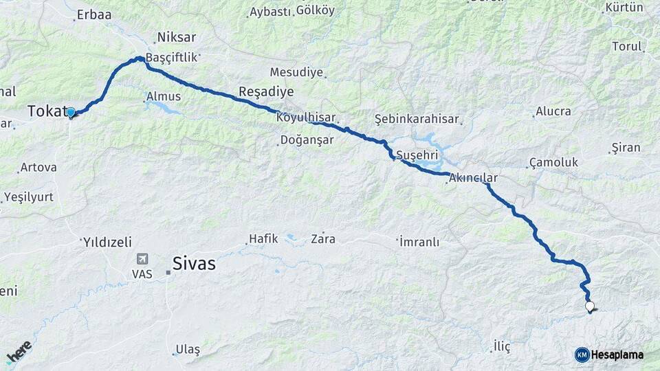 Tokat Kemah Erzincan Arası Kaç Km - Yol Haritası