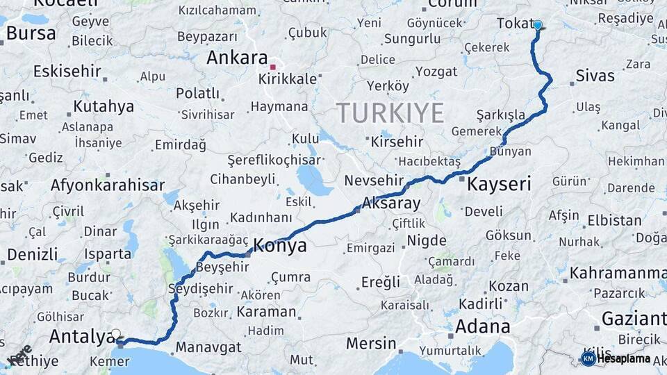 Tokat Kepez Antalya Arası Kaç Km - Yol Haritası