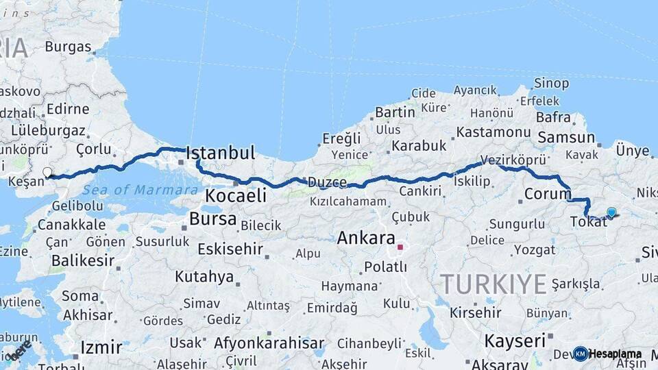 Tokat Keşan Edirne Arası Kaç Km - Yol Haritası