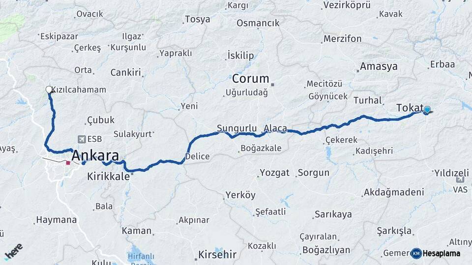 Tokat Kızılcahamam Ankara Arası Kaç Km - Yol Haritası